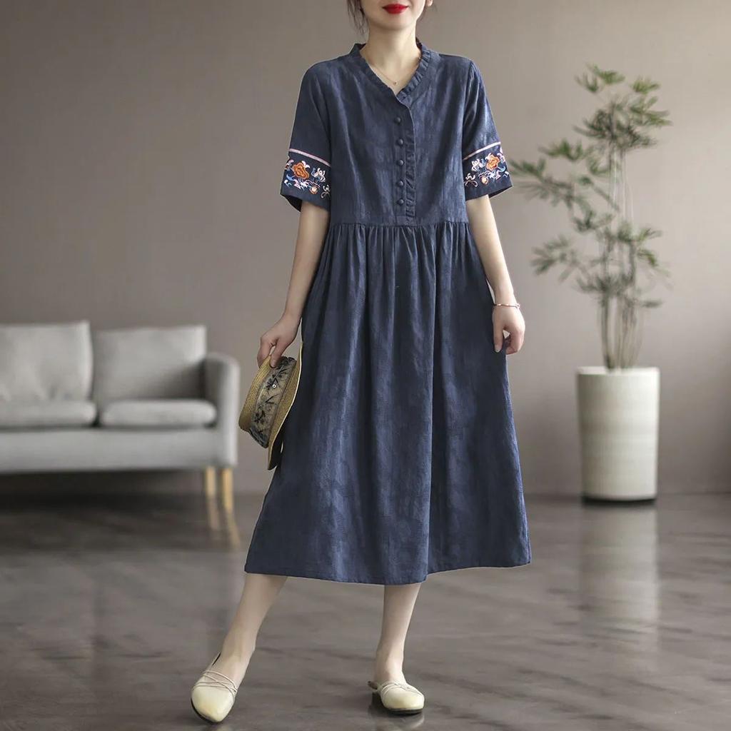 2025 Summer Washed Cotton Dress - Embroidered Midi Dress with Drawstring, Slim Fit Short Sleeve Linen Blend Dress, Boho Chic Casual Women's Outfit