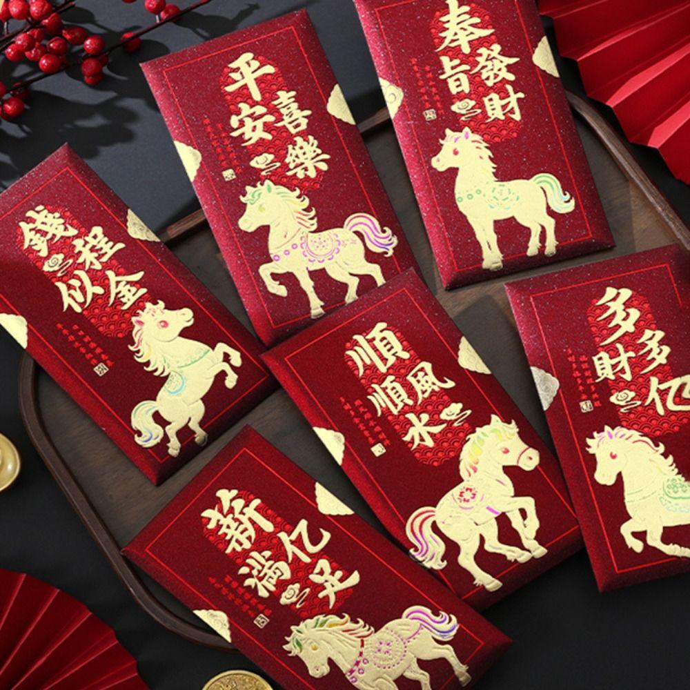 6Pcs Chinese Style Red Envelopes Lucky Cash Gift Envelopes New Year Red Packets Year of The Horse