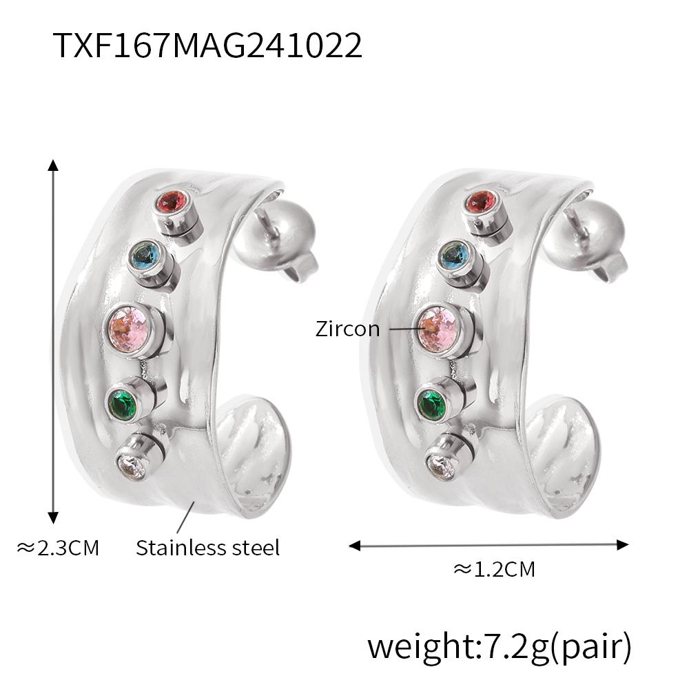 Multi Color Zircon Ring And Same Style Earrings In Stainless Steel 18k Gold Plated Wide Rings C Shape Stud Earring For Women