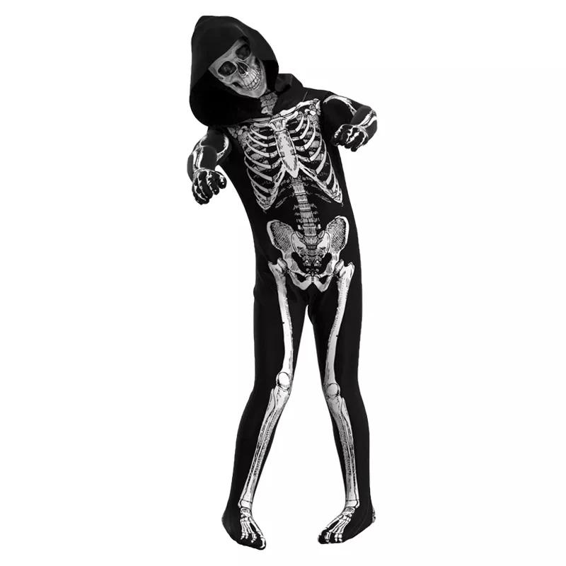 Child Skeleton Hooded Costume Kids Grim Reaper Spooky Skeleton Bodysuit Jumpsuit Scary Halloween Party Role Play Costume