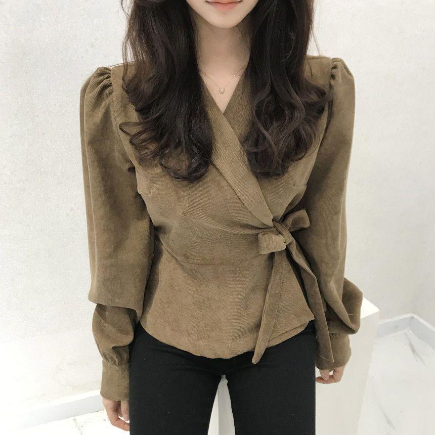 Deep Khaki Suit Collar Waist-Cinching Shirt Tie-up Top for Women - Autumn/Winter 2023 European Style.