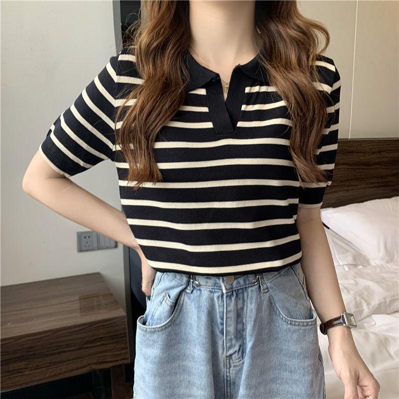 Womens Striped Knit Top With Contrast Collar Slim Fit Short Sleeve Tee