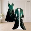 Women Plus Size Black Gold Printed Two Piece Set Long Sleeve Open Front Cardigan Strappy V Neck Flared Dress