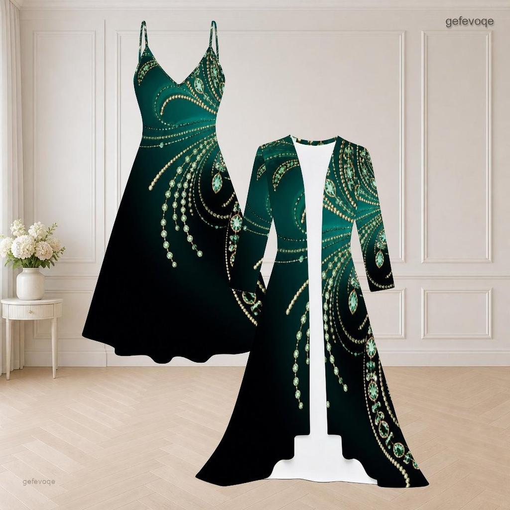 Women Plus Size Black Gold Printed Two Piece Set Long Sleeve Open Front Cardigan Strappy V Neck Flared Dress