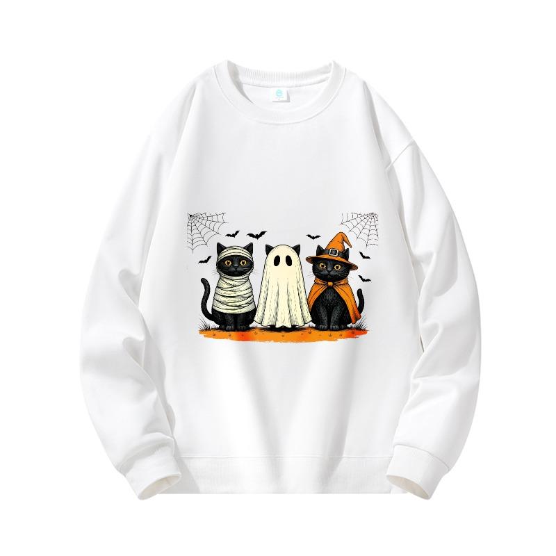 Men'S Halloween Black Cat Ghost Fun Print Round Neck Sweatshirt