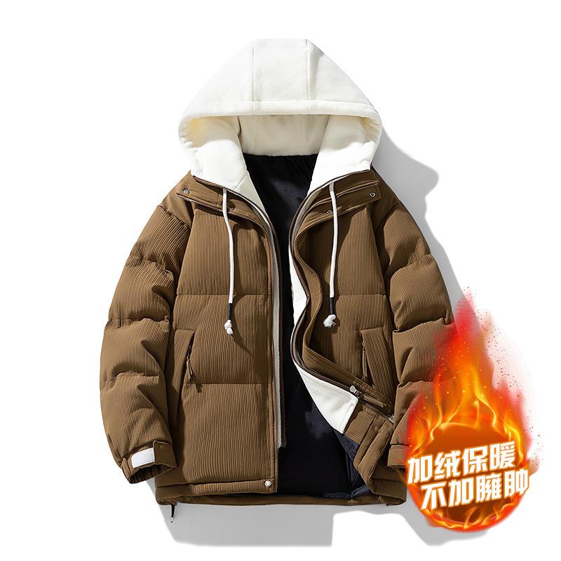 Padded-on men's hooded padded jacket fake two pieces, winter men's fashion trend high-end warm windproof jacket casual