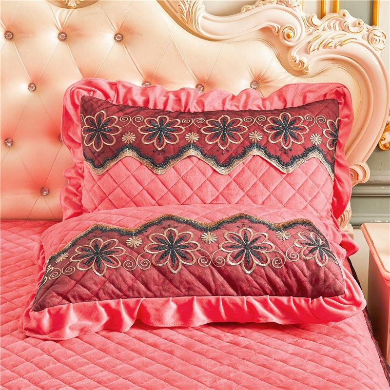 2pcs Velvet Pillow Case Luxury 48x74cm Pillow Cover Quilted Lace Bed Decorative Rectangle Pillow Shams Warm Solid Color
