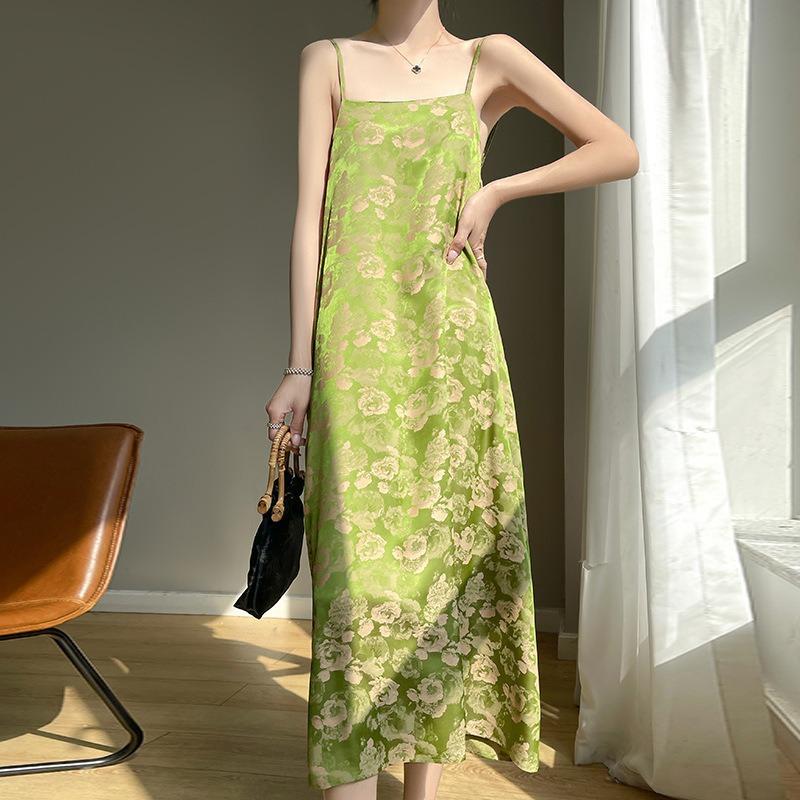 Frühling Neu Damen Acetat Satin Kragen Jacquard Träger Ärmellos Langes Kleid