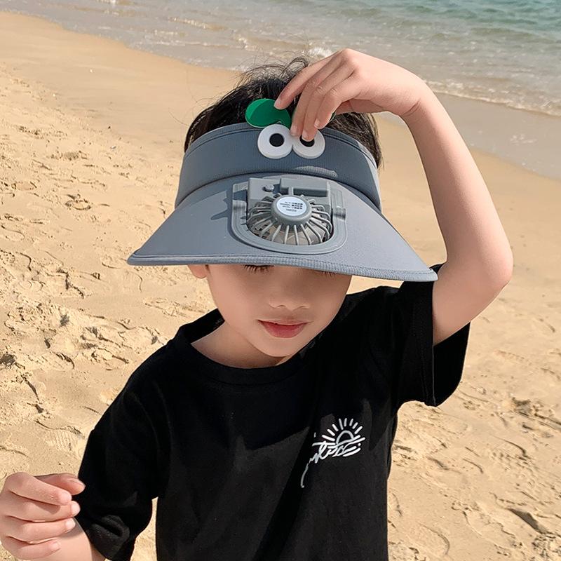 Children's hats summer boys and girls outdoor big brim sun protection empty top hat cartoon cute sun hat with fan