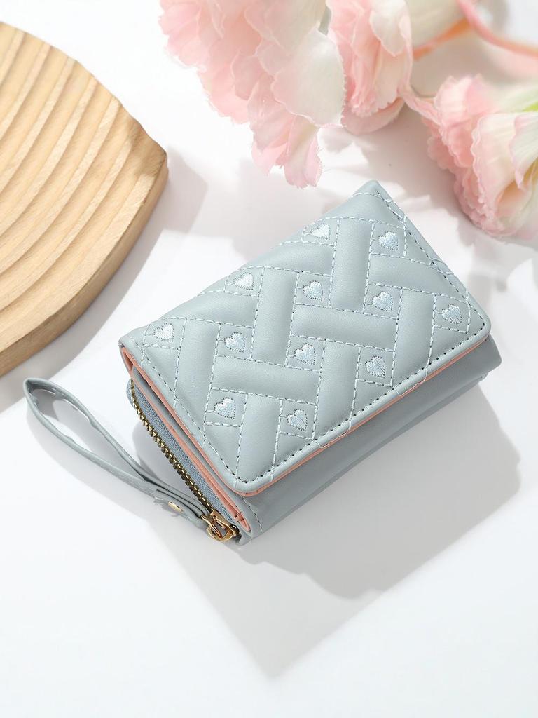 Dámská výšivka srdce PU trojdílná peněženka: Krátká peněženka s více sloty na karty & Držák na karty v jednom