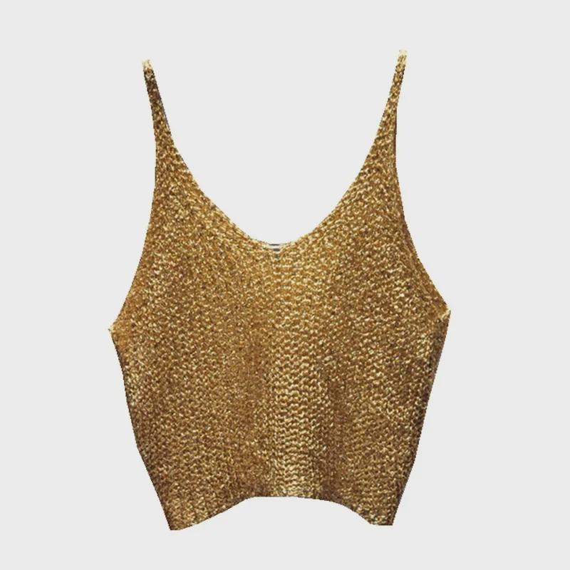 Spring/Summer 2022 Glitter Knit Crop Sweater - Sexy Hollow Design with Spaghetti Straps