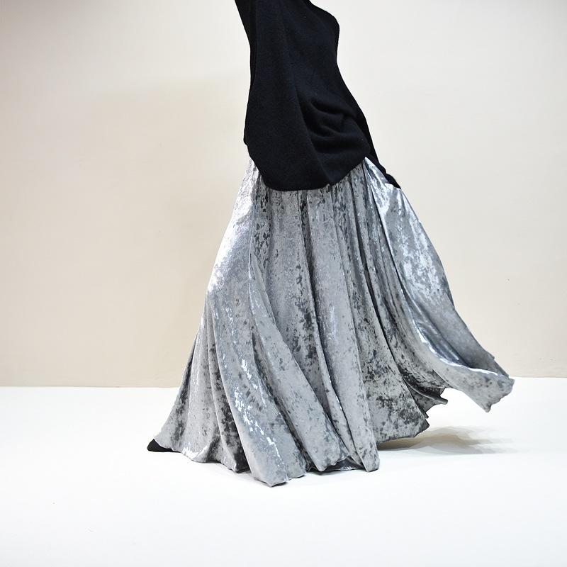 

Женская эластичная макси-юбка в винтажном стиле с высокой талией, расклешенная А-силуэта, длинная юбка на осень-зиму, струящаяся, плиссированная, для вечерней вечеринки, струящиеся бархатные макси-юбки 90cm светло-серый
