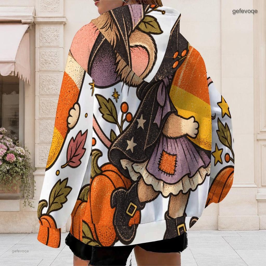 Women Plus Size Zip Up Drawstring Hoodie Long Sleeve Pumpkin Printed Casual Hooded Sweatshirt With Pockets