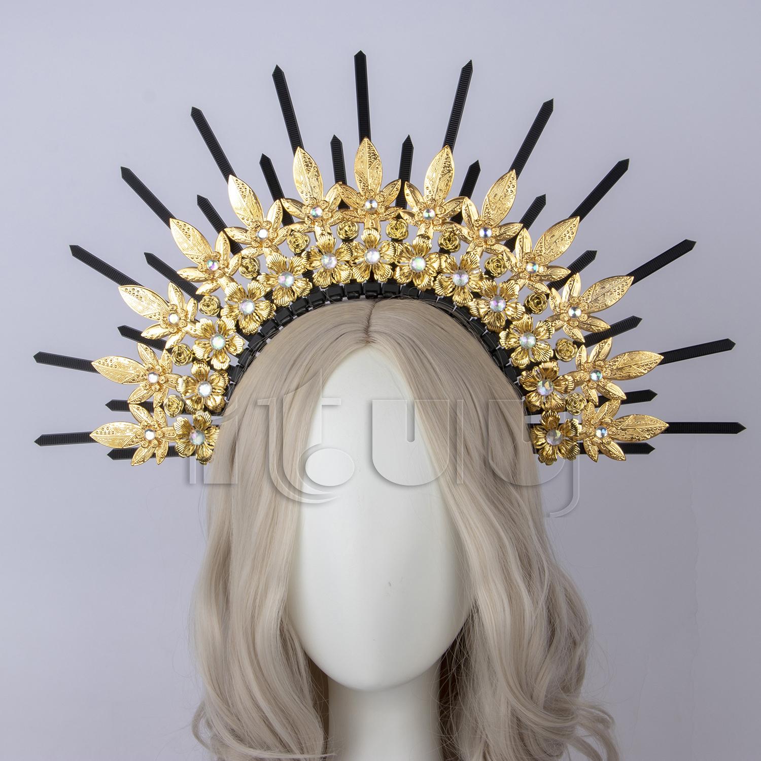 

Gothic Lolita Dark Gold Spiked Halo Crown Headpiece Virgin Mary Sun Goddess Nylon Zip Headdress Halloween Headwear Accessories