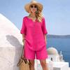 Women Pink Short Sleeve Top and Shorts Set Casual V Neck Button Loose Fit Two Piece Outfit
