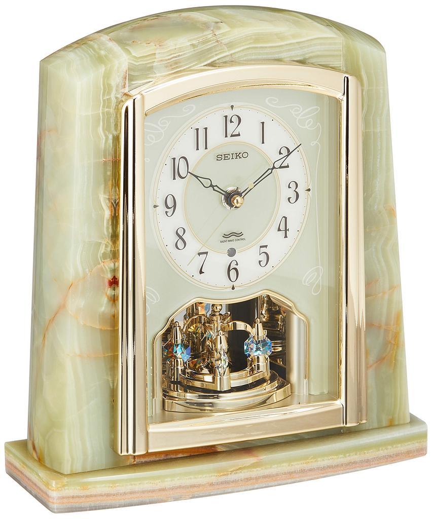 Seiko Clock BY223M, Radio-Controlled Analog Table Clock with Rotating Ornament and Onyx Frame