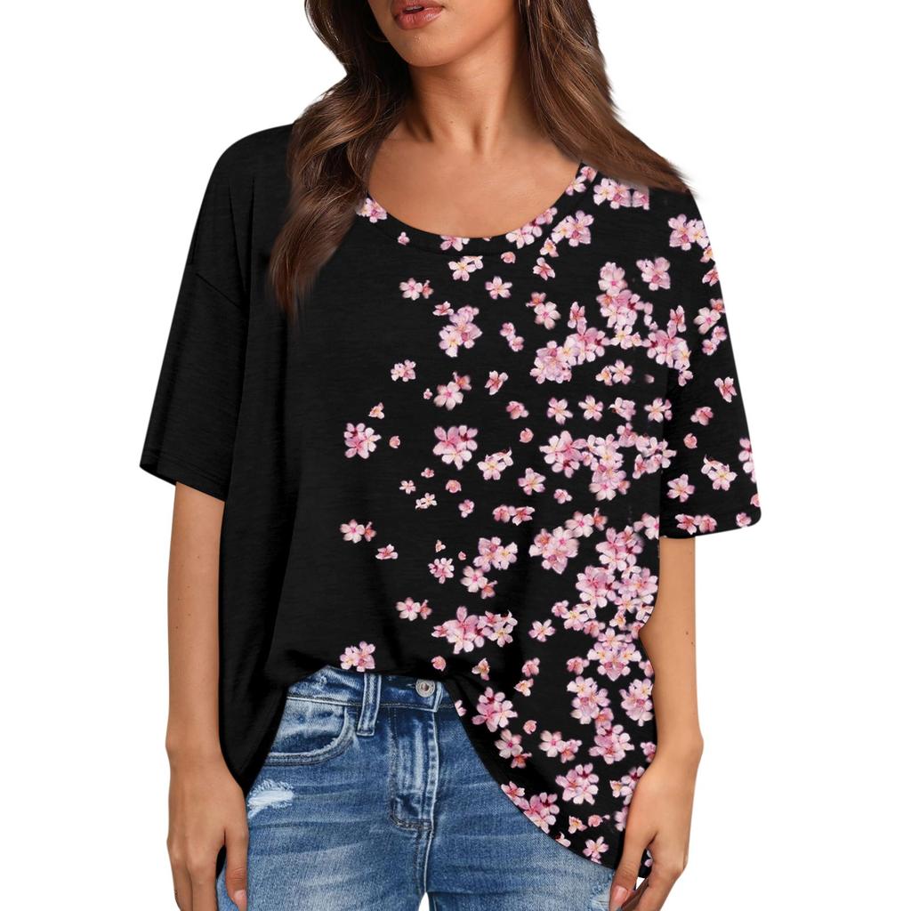 Camisetas Estampadas da Moda Para Mulheres Verão Tops de Manga Curta Blusa Solta com Decote Scoop