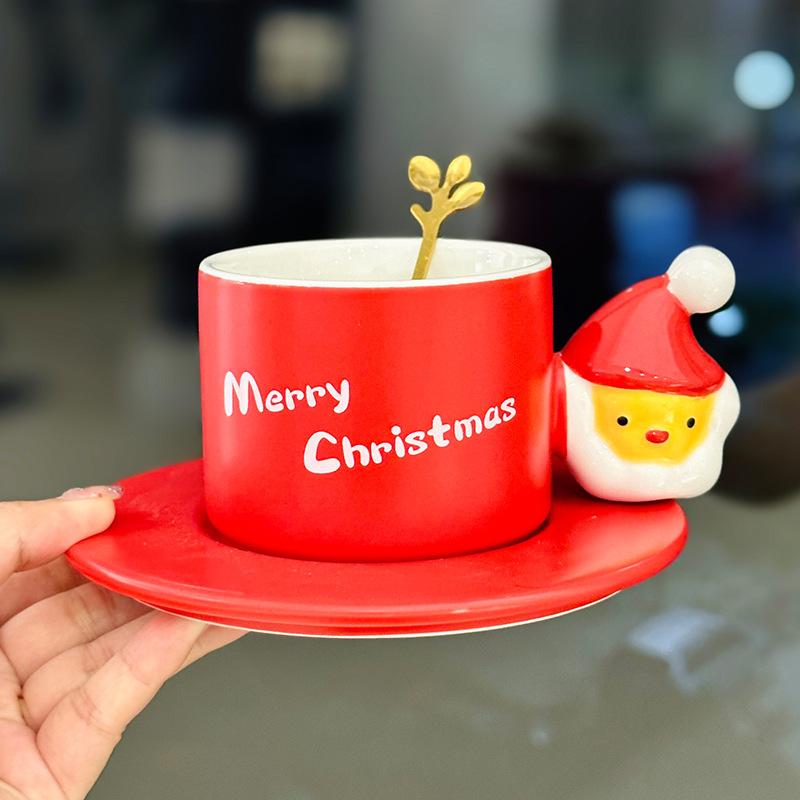 

Creative Santa Claus Ceramic Mug Beautiful Christmas Gift Afternoon Tea Coffee Cup and Saucer Set Souvenir 380ml