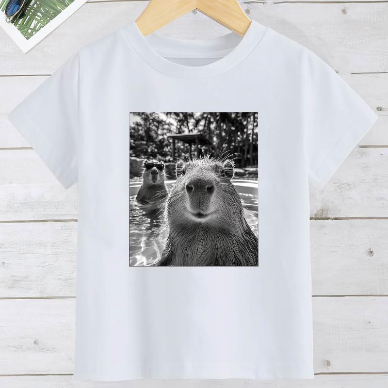 Summer Boys Girls Capybara Selfie Pattern Gift T Shirt Kid Baby Youth Unisex Unisex Tee Oversize Streetwear Casual Trendy Loose Top
