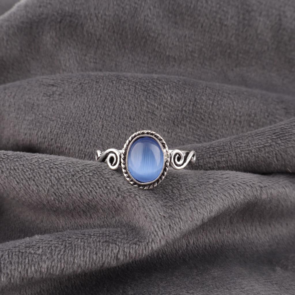 Dark Blue Cat's Eye Gemstone Ring, 925 Solid Sterling Silver Jewelry, Handmade Designer Ring Gift For Sister