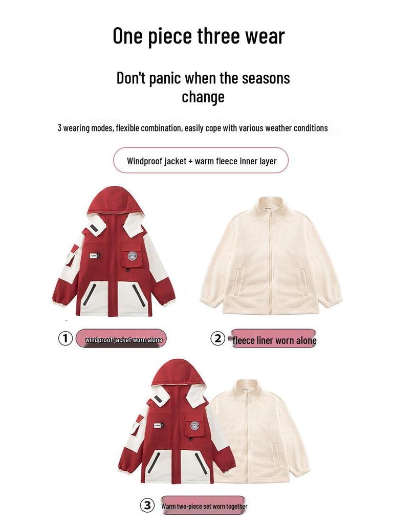 Girls' 2025 Three-in-One Windbreaker: Waterproof, Windproof, and Thickened for Autumn and Winter. Loose-fitting, Trendy Outdoor Coat.