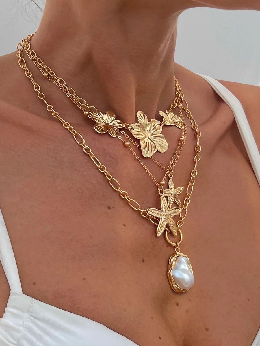 

PuRui Богемия 4 шт./набор Золотой цвет Ожерелье Полубарочный Имитация Циркона Большая Морская звезда Цветок Подвеска Женщины Циркон Аксессуары