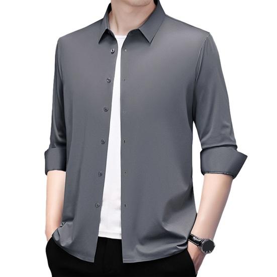 

Чоловіча сорочка з лацканами, довгим рукавом, однобортна, однотонна, з еластичної тканини, легка, дихаюча, для повсякденного носіння 2XL світло-сірого кольору
