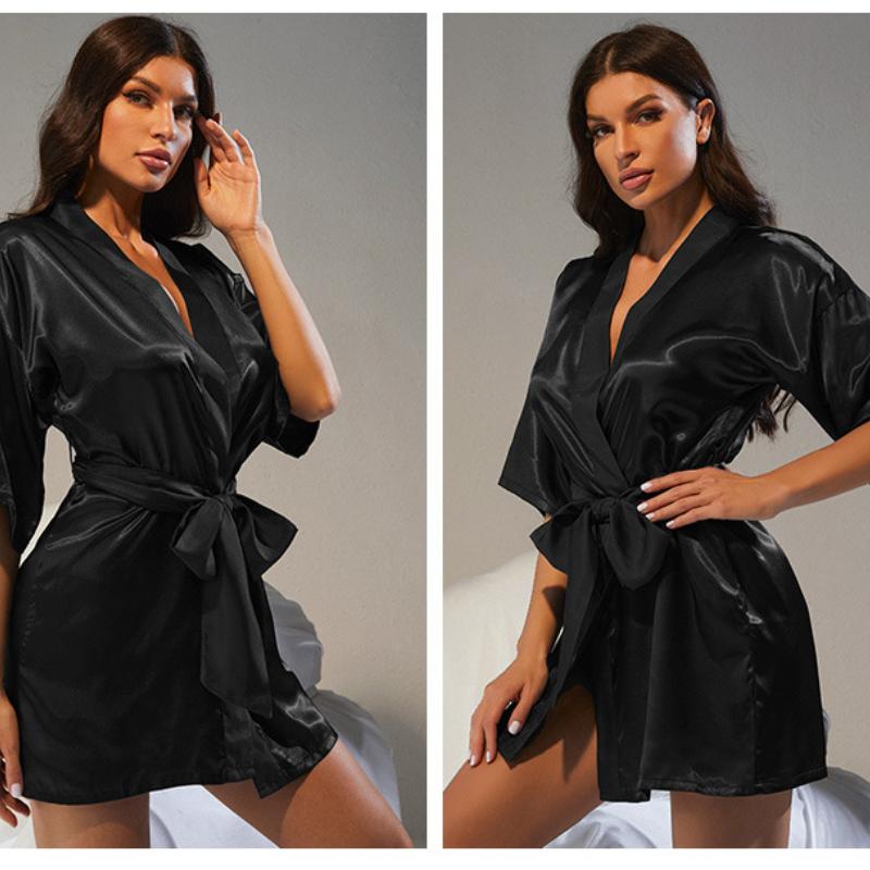 Cardigan sottile a maniche a tre quarti Camicia da notte in seta simulata Stile medio Cintura larga Accappatoio Semplice Quattro stagioni Indossabile Camicia da notte Donna