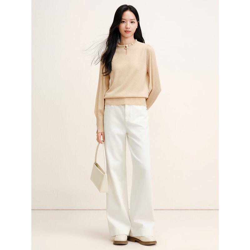 JUZUI Elegant Ruffled Collar Teardrop Cutout Women's Lambswool Sweater