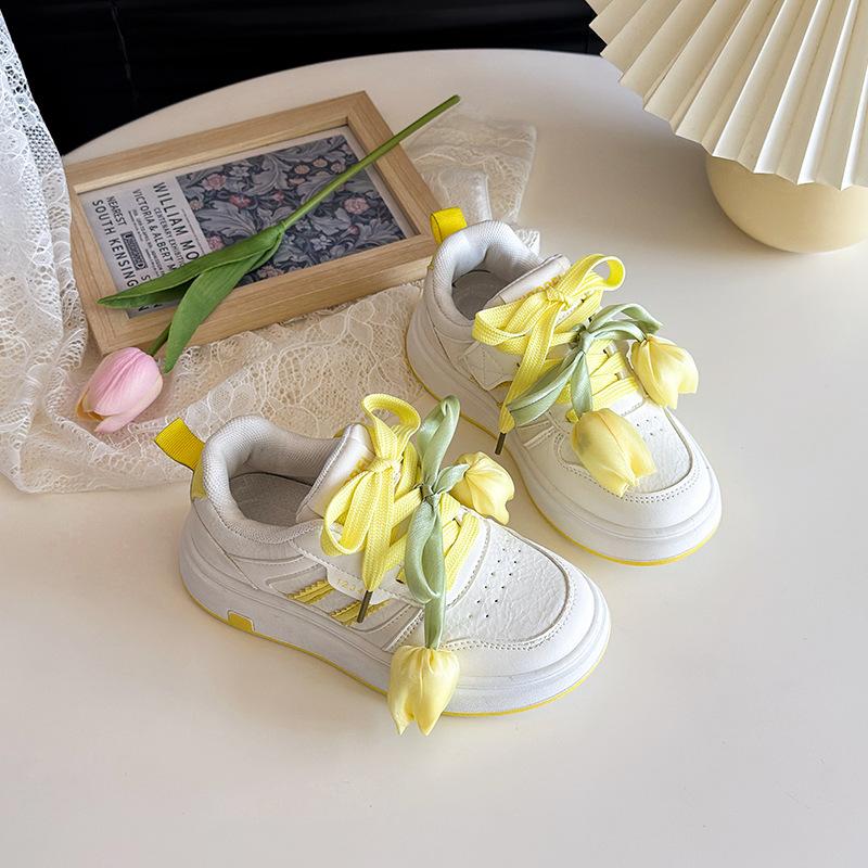 

2025 осень новая тюльпановая девочка принцесса одинарные туфли модные универсальные туфли на платформе с цветочным принтом мягкая подошва легкая спортивная обувь 30 жёлтый