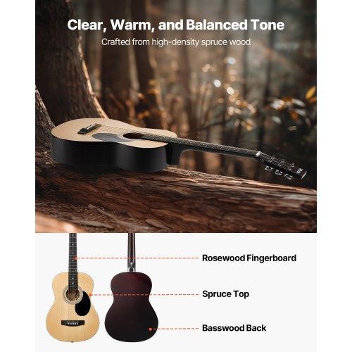 VEVOR 36 in / 914,4 mm Dreadnought Acoustic Guitar Natural Beginner Bundle Gig Bag for Teen