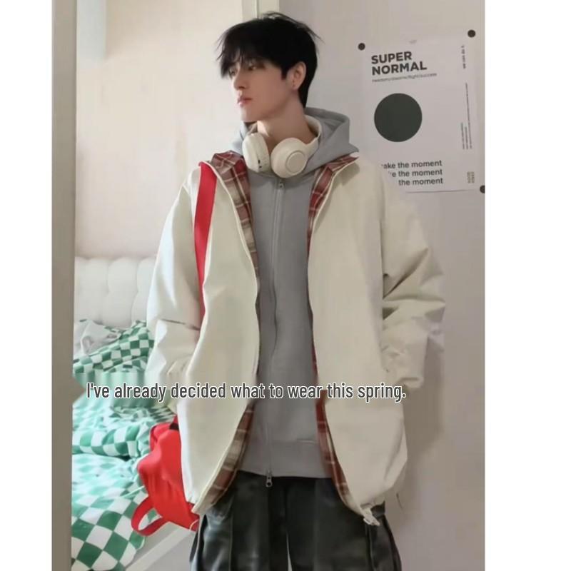 Herren Retro Gitter-Patchwork Jacke - Frühling/Herbst, Amerikanischer Reverskragen, Ohne Kapuze, Partnerlook