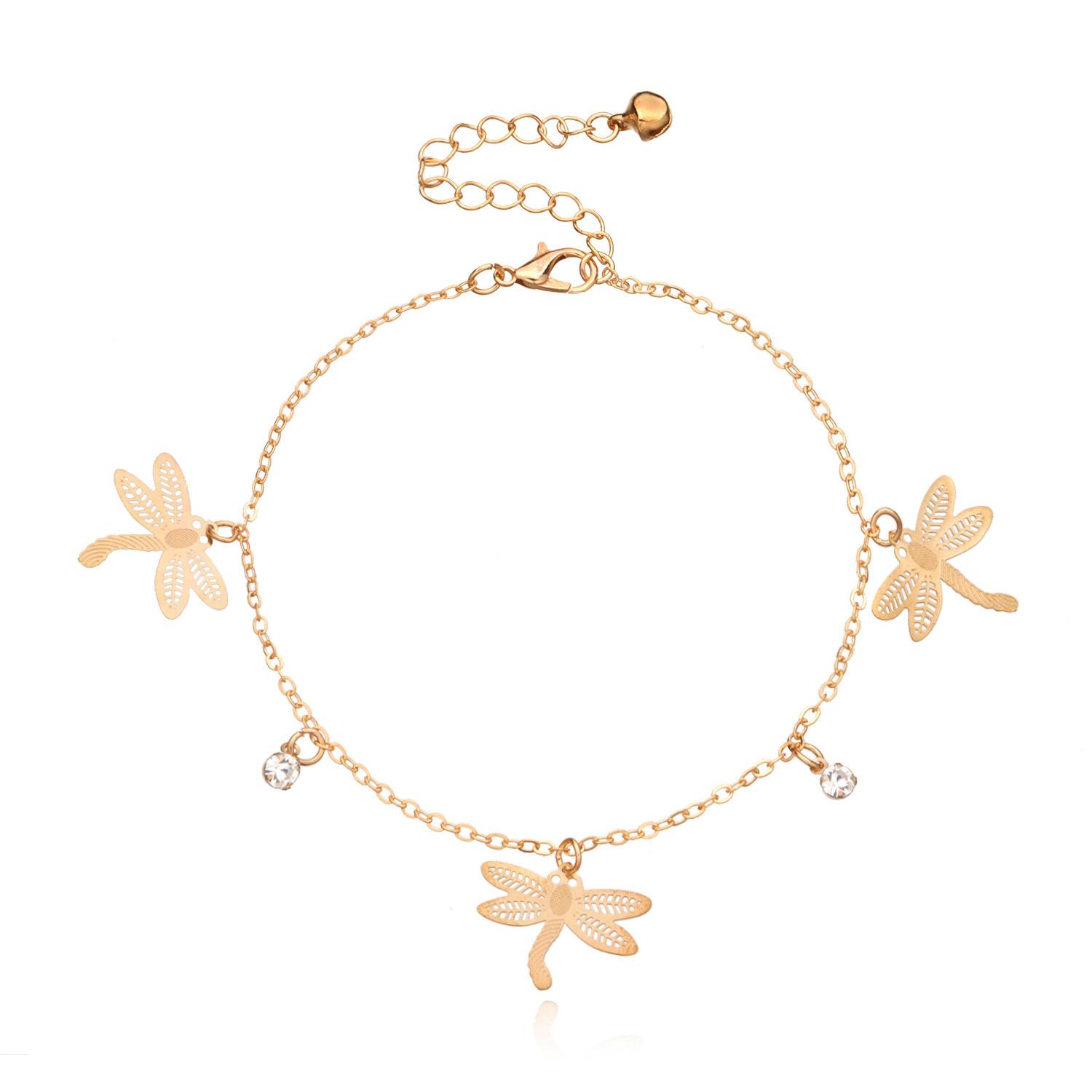 Stylish hollow alloy dragonfly anklet, simple temperament rhinestone bell beach foot decoration золотой
