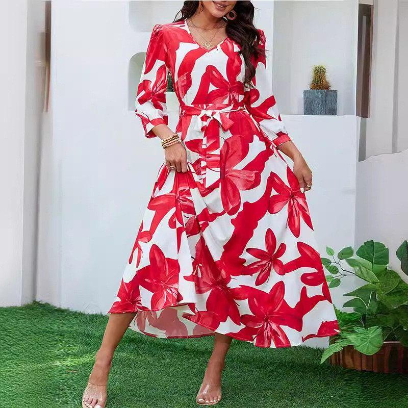 

Fashion Women Dress Print Casual Ladies Skirt Loose Print Vacation Skirt Red L