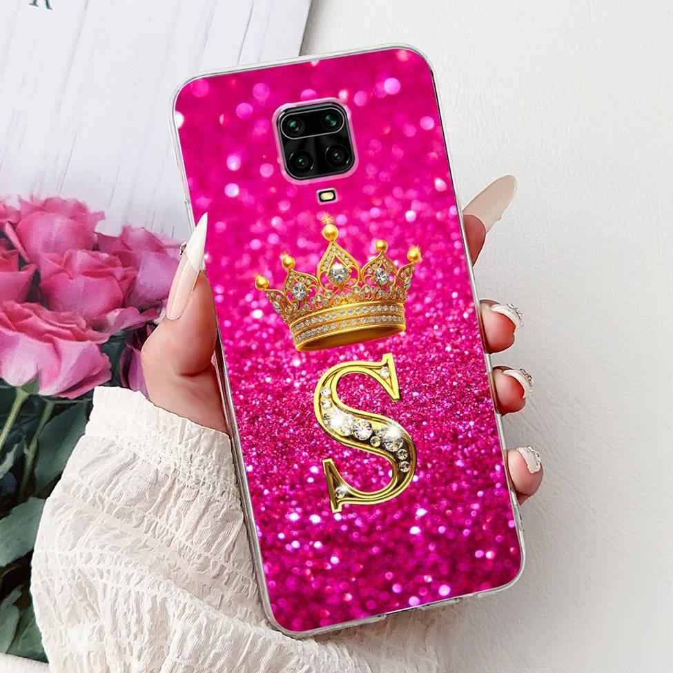 Clear Cover For Xiaomi Redmi Note 9s Case Fashion Luxury A-Z Letters Crown Soft TPU Phone Case M2003J6A1G