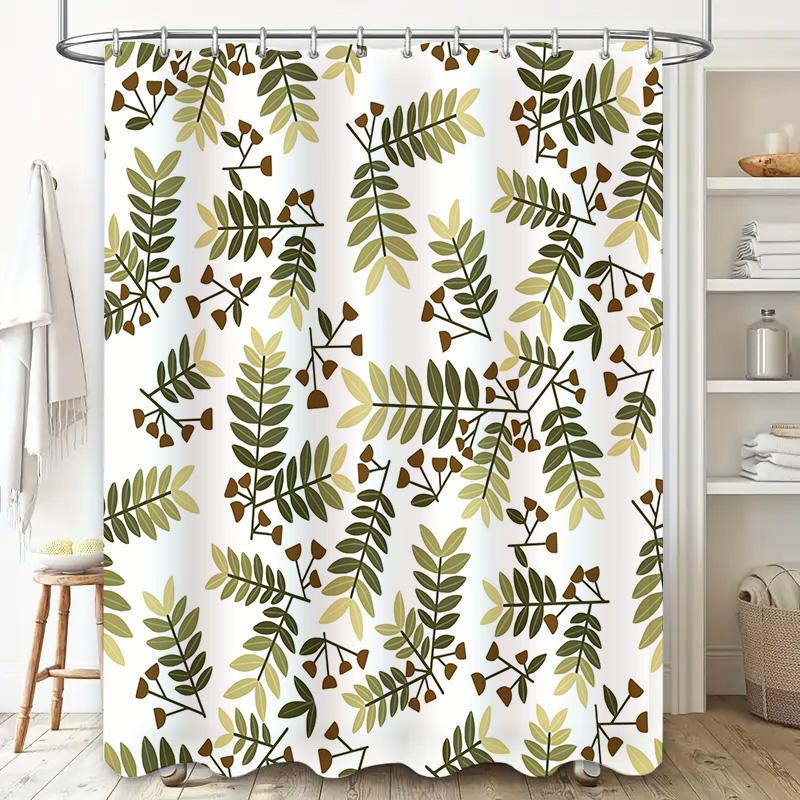 Leaf Pattern Shower Curtain Waterproof Bath Decoration Decor Green Beige Tones (180 x 240 cm)