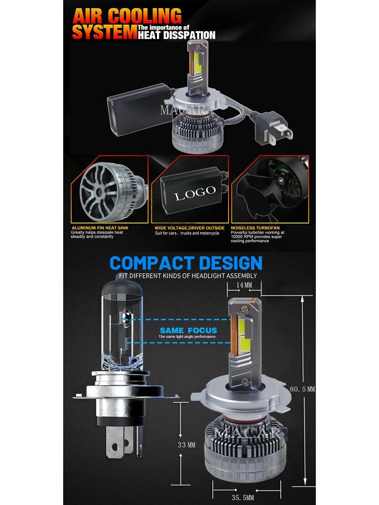 High-Power Dual Copper Tube LED Car Headlight: Bright Spotlight, Fog Light, High/Low Beam