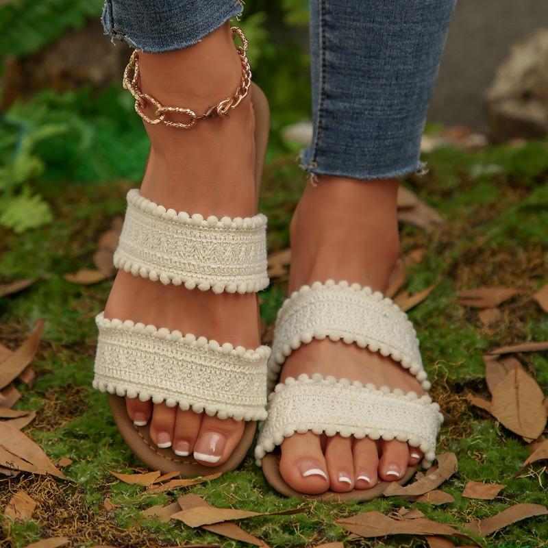 New Women Sandals Ladies Flat Roma Heels Knitted Summer Sandals Outside Cross Tied Leather Female Slides Woman Sandals