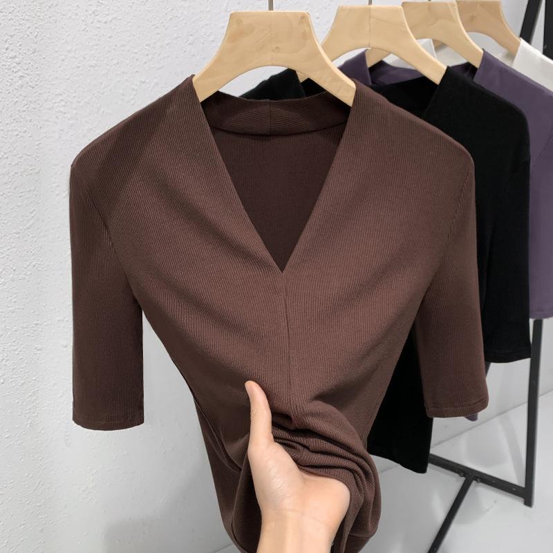 

Женская новая женская одежда стиль футболка с V-образным вырезом и короткими рукавами эластичный однотонный топ с утягивающей талией 3XL