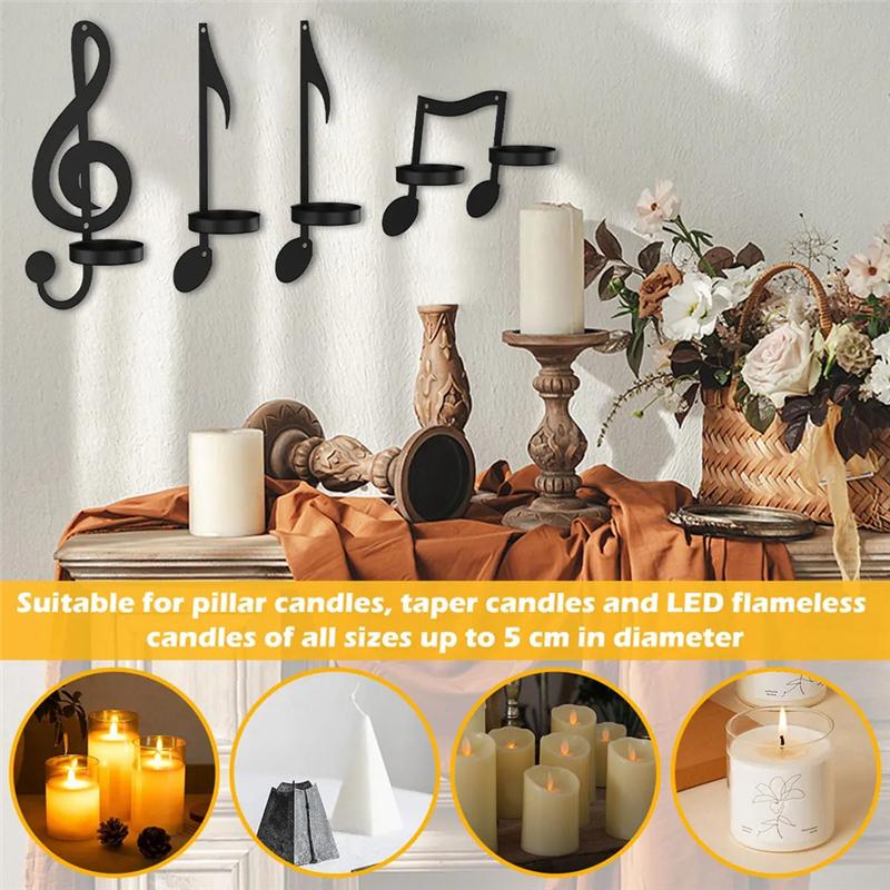 M-Modern-4Pc Music Note Candle Holder Black Music Note Wall Sconce Vintage Art Musical Note Style Candle Holders Iron Easy Insta