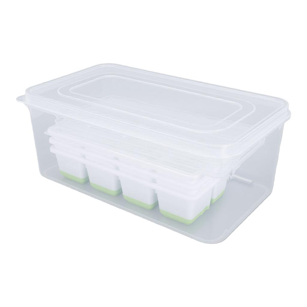 Ice Cube Tray with Lid Bin Tong Set 8 Cavity Soft Bottom Square Silicone Ice Cube Mold for Freezer