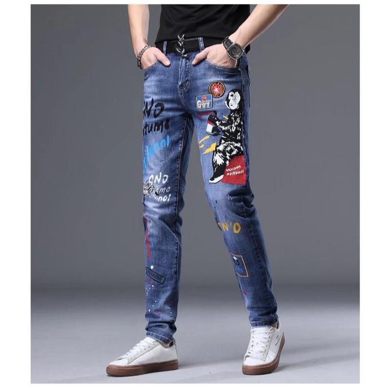 2025 Spring/Summer Men's Slim Fit Patchwork Ripped Jeans, Straight Leg, Blue with Applique and Raw Edge