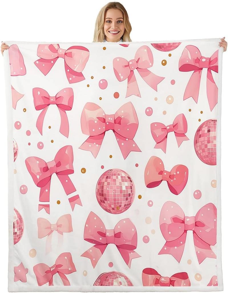 Blue Bow Pattern Blanket Soft Fleece Throw Elegant Home Decor Gift for Women Girls Bedroom Bedding Cover