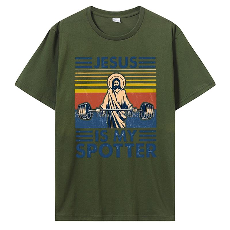 Herren Bodybuilding T-Shirt Pumping Training Crossfit Schwarzes T-Shirt Fitness Jesus Ist Mein Spotter T-Shirt Baumwoll-Tees Streetwear
