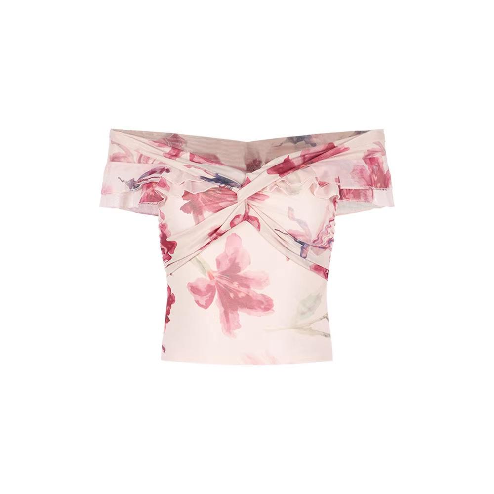 One-word Shoulder Printing Kinky Short-sleeved Tube Top T-shirt Women's Summer Design Sense Slim-fitting Waist Pure Desire Style Short Top