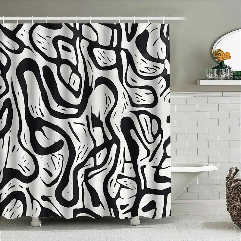 Fashionable Black White Abstract Pattern Waterproof Mildew Resistant Easy Clean Bathroom Decor Curtain Easy To Clean & Maintain