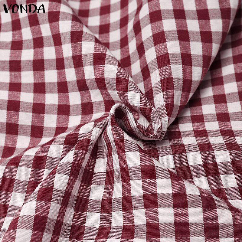VONDA Womens V Neck Short Sleeve Casual Gingham Plaid Loose Long Wide Leg Jumpsuit Rompers