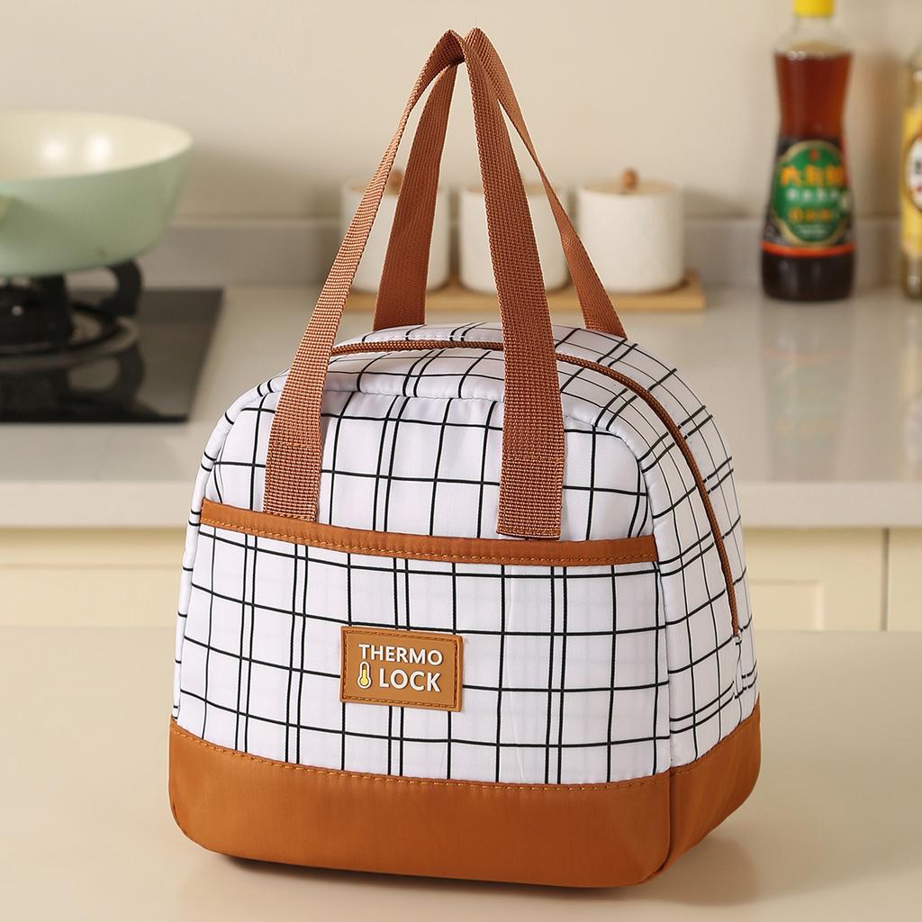 Insulated Lunch Tote Bag Oxford Fabric Grid Pattern Durable Handheld Lunch Bag with Zipper Closure and Front Pocket for Work School Travel