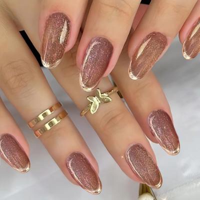 24 Stück glänzende, hautfarbene Glitzer-Aufdrücknägel mit goldenem Rand und vollständiger Abdeckung, mittelgroßes ovales Design – einfach anzubringen und zu entfernen mit Klebesticker und Nagelfeile.