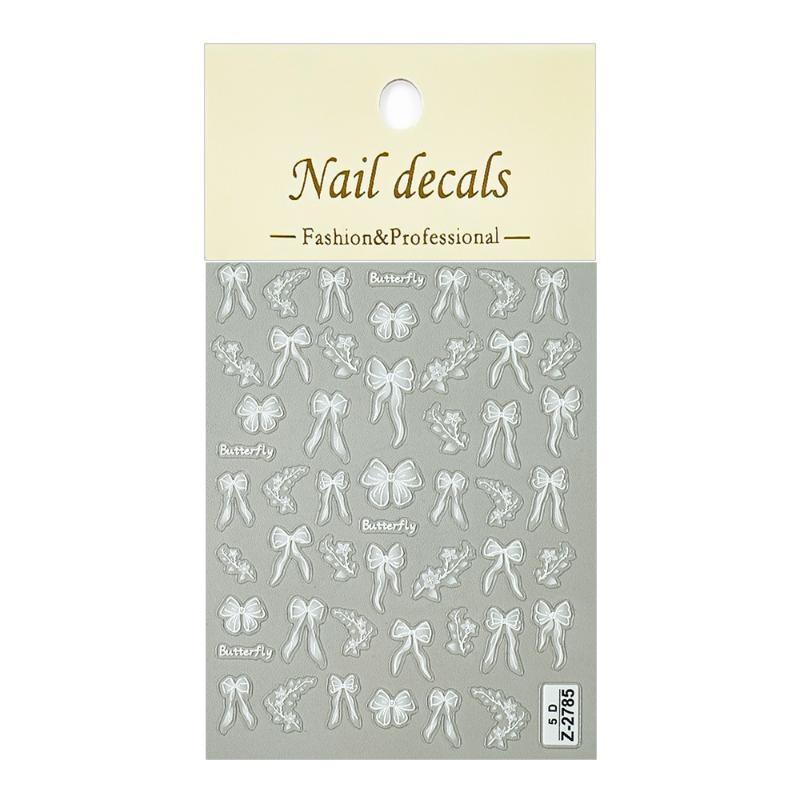 5Pcs 5D Nail Art Stickers Self Adhesive White Lace Bow Flower Embossed Design For Home Diy Manicure Nail Salon Use